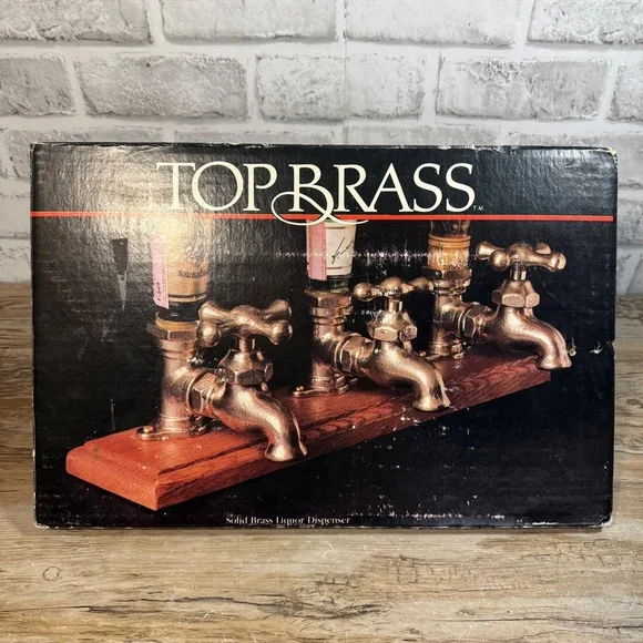 NIB Vintage Top Brass Alcohol Liquor Dispenser 3 Spigot Faucet Neo Art Oak Base.